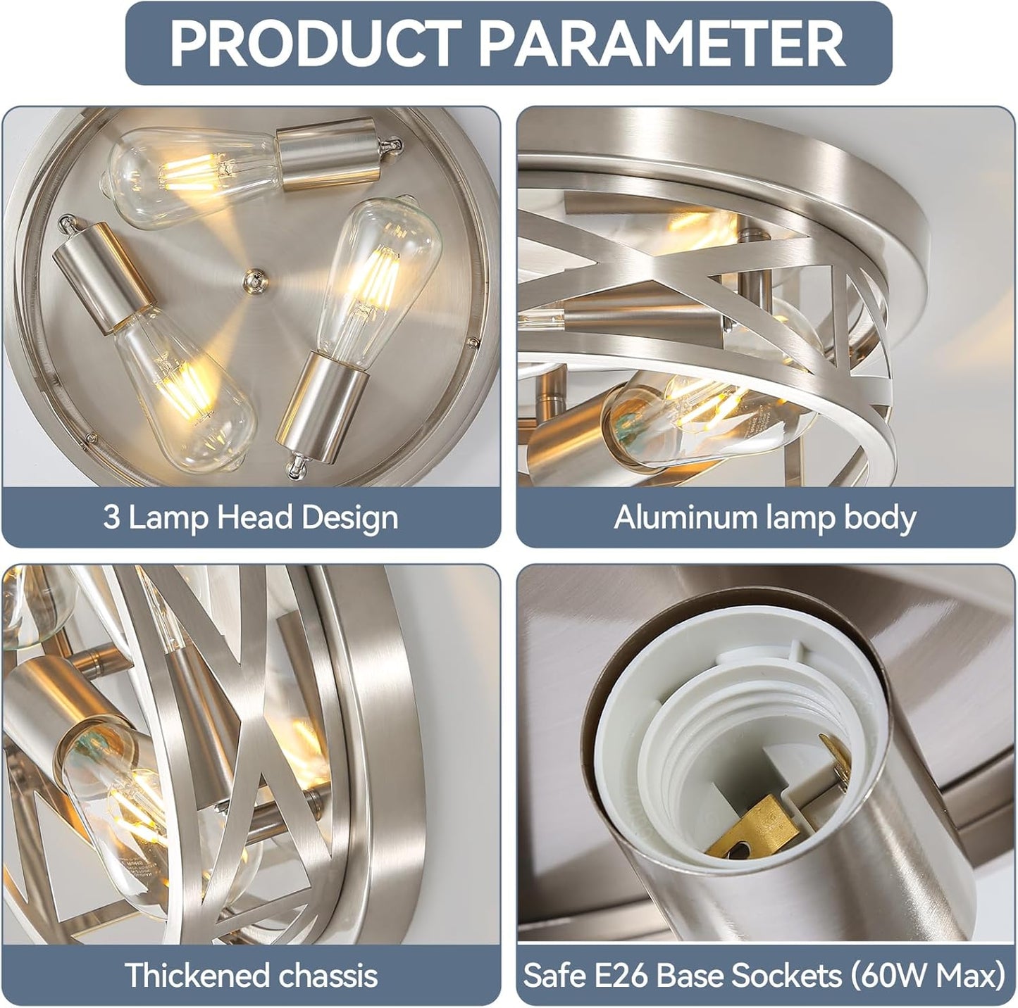 3-Light Close to Ceiling Light Fixtures, 13 Inch Brushed Nickle Flush Mount Ceiling Light Modern Indoor Metal Cage Cross Ceiling Lights for Kitchen Bedroom Laundry Bathroom Foyer Hallway Office