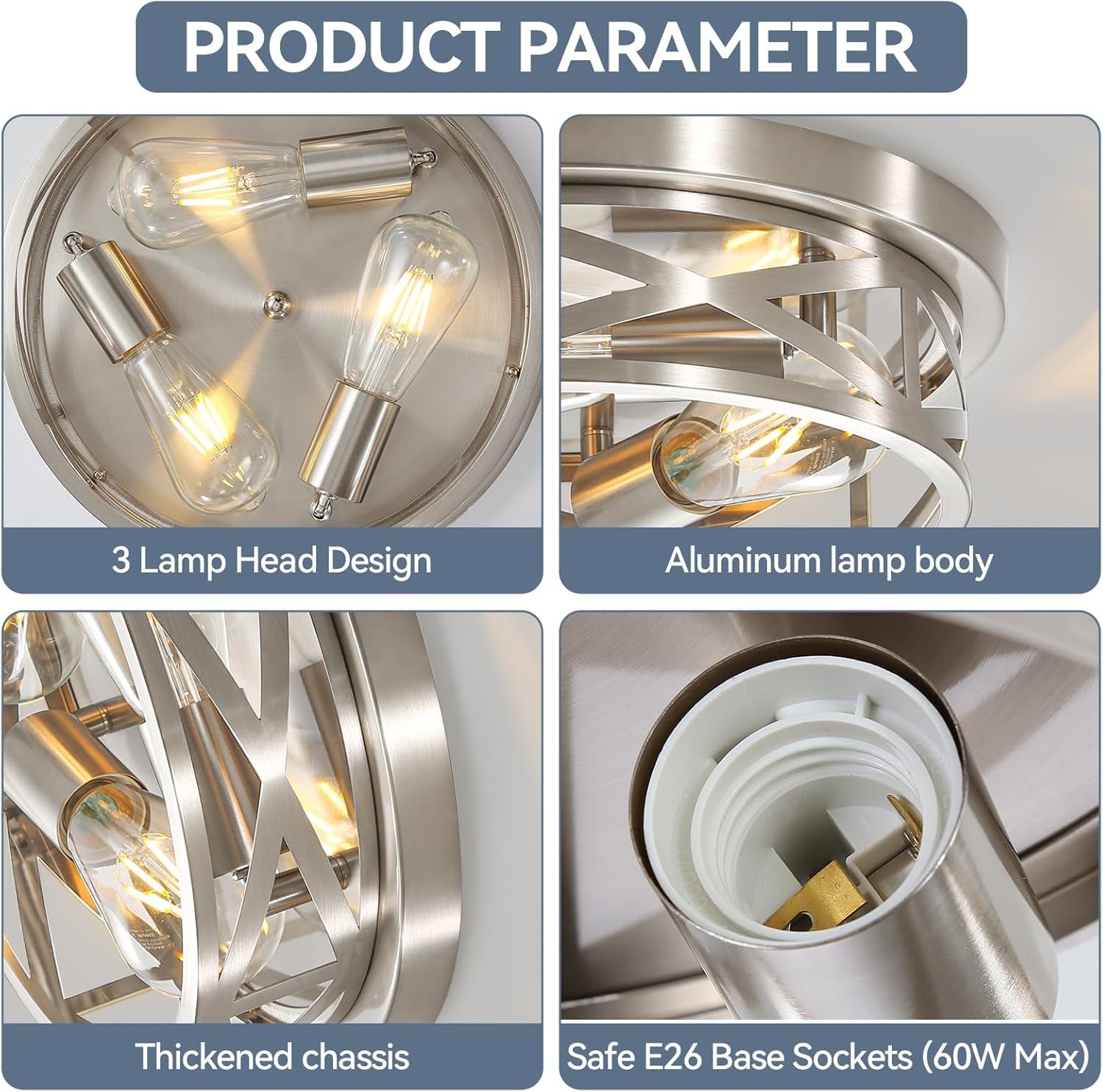 3-Light Close to Ceiling Light Fixtures, 13 Inch Brushed Nickle Flush Mount Ceiling Light Modern Indoor Metal Cage Cross Ceiling Lights for Kitchen Bedroom Laundry Bathroom Foyer Hallway Office