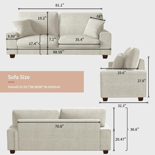 Modern Loveseat Sofa for Living Room,Chenille Recliner, Removable Cover, Spring Cushions, Solid Wood Frame, Easy Assembly for Small Spaces (88.58Inch，Beige)