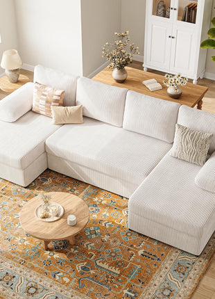 112-Inch U-Shaped Sectional Sofa | Contemporary Cloud Couch with Double Chaise | Four-Seater Corduroy Sofa for Apartments | Warm White | Durable Iron Frame with Squeak-Free Design | Supports up to 1200 lbs