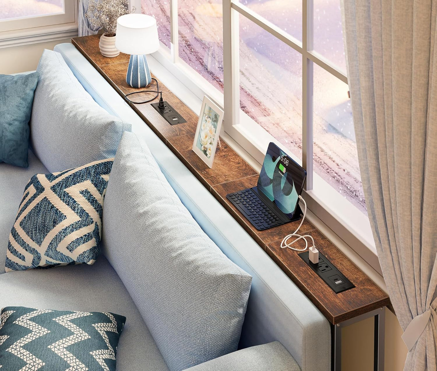 78.8 Inch Narrow Console Table with Outlet, Sofa Tables, behind Couch Table, Long Entryway Tables with Charging Station, for Living Room, Rustic Brown