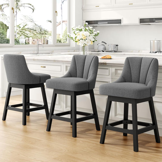 Swivel Bar Stools Set of 3, Fabric Upholstered Counter Height Barstool, 26" Modern Kitchen Island Chairs with Back and Solid Wood Legs for Home Bar Dining Room, Dark Grey
