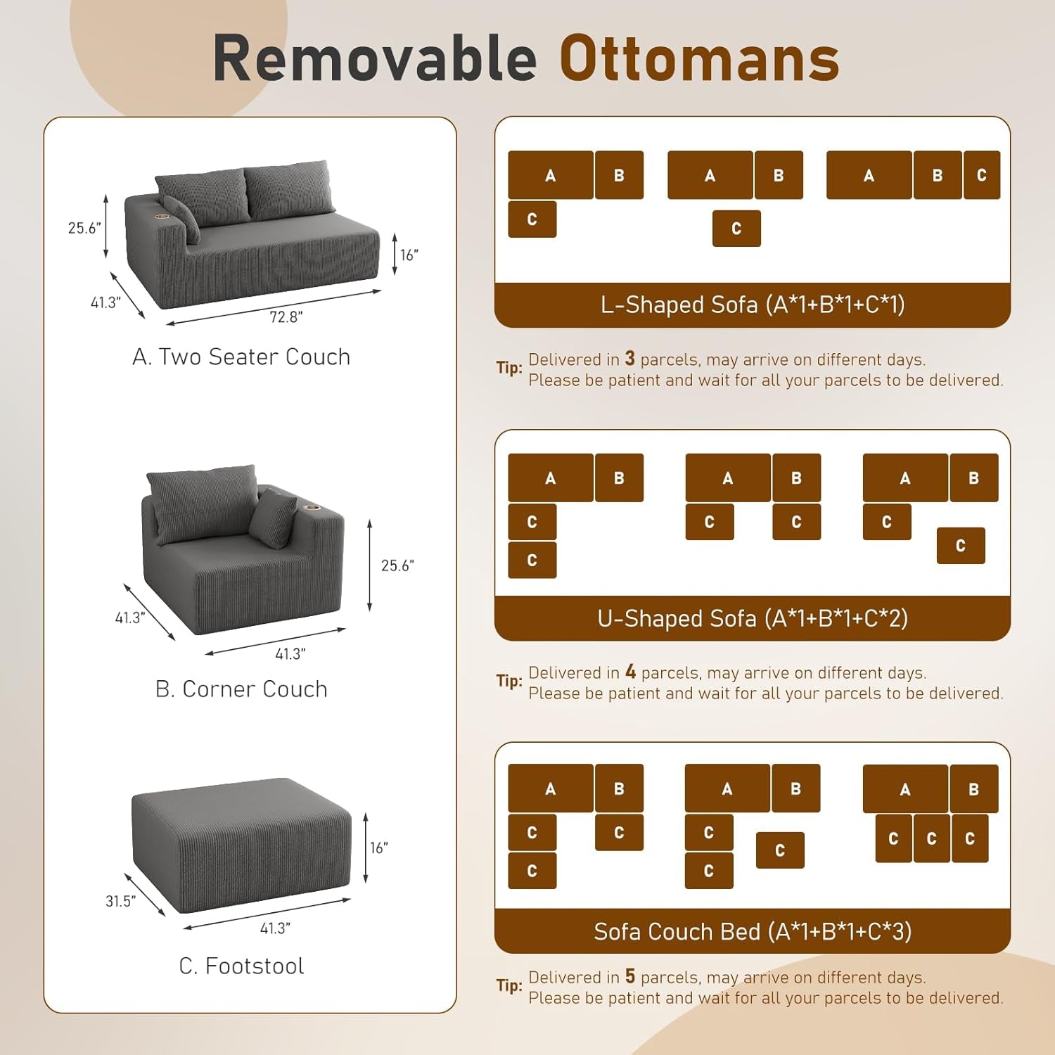 112" U Shaped Modular Sectional Sofa with 2 Ottomans, Boneless Cloud Couch with Chaise for Living Room, Modern Deep Seat Lounge Sleeper Couch Bed, No Assembly, Corduroy Dark Grey