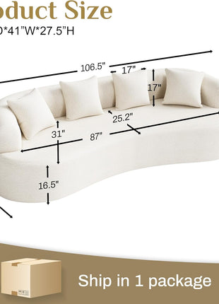 Modern Luxury Oversized Chenille Sectional Sofa for Living Room, 4-Seater Curved Cloud Couch in Cream White with 4 Throw Pillows, No Assembly Required