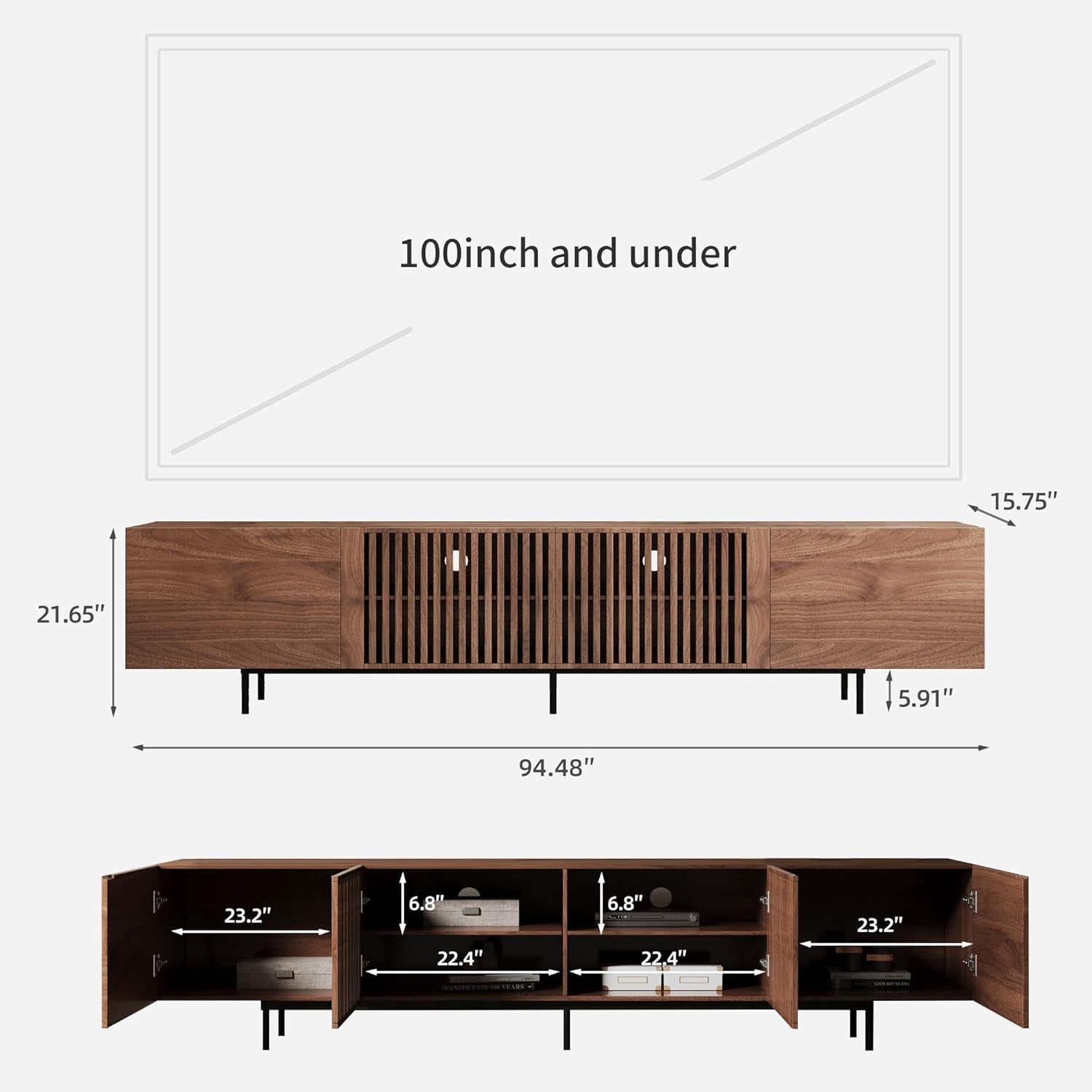 Mid Century Modern TV Stand with 4 Doors, 94.48 Inch Wide Entertainment Center TV Console for Living Room Bedroom, Media Console TV Cabinet with Storage Walnut
