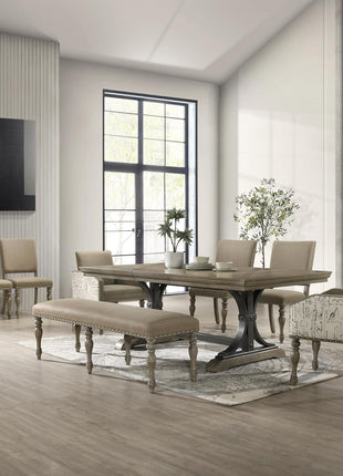 Birmingham 8-Piece Dining Set: Extendable Table with 4 Side Chairs, 2 Armchairs, and Nailhead Bench in Driftwood Finish