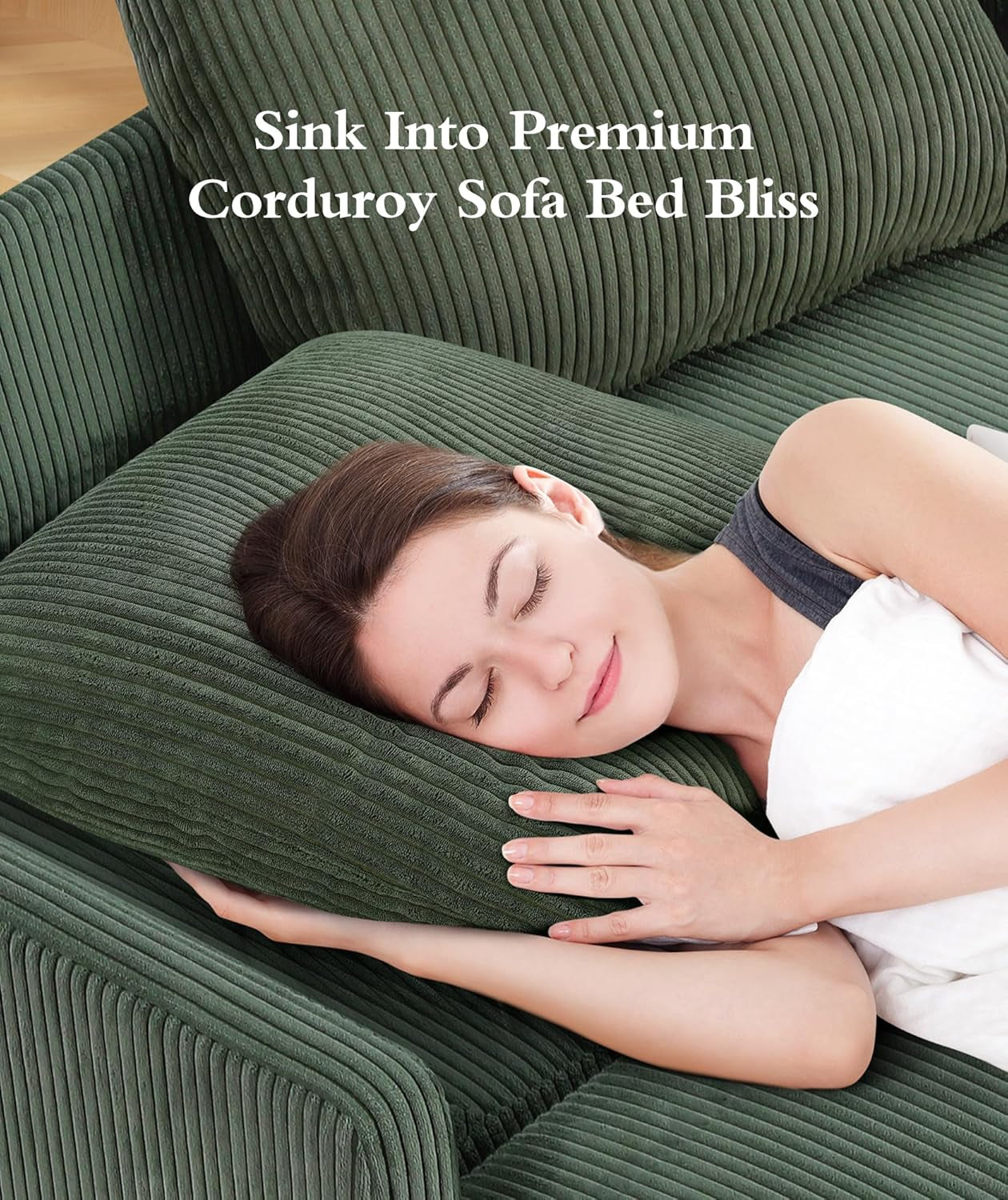 Corduroy Convertible Sofa Bed, 47" Loveseat Sleeper Sofa, Pull Out Couch 618Lb Capacity, Modern Sleeper Couch Bed 2 Fluffy Pillow Include, Small Couches for Small Spaces/Apartment/Office, Forest Green