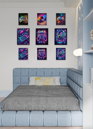Game Room Canvas Wall Art Set - 16x12 Inch Framed 3-Piece Collection with 6 Additional 8x10 Posters, Neon Gaming Theme Decor for Boys and Youth Bedrooms