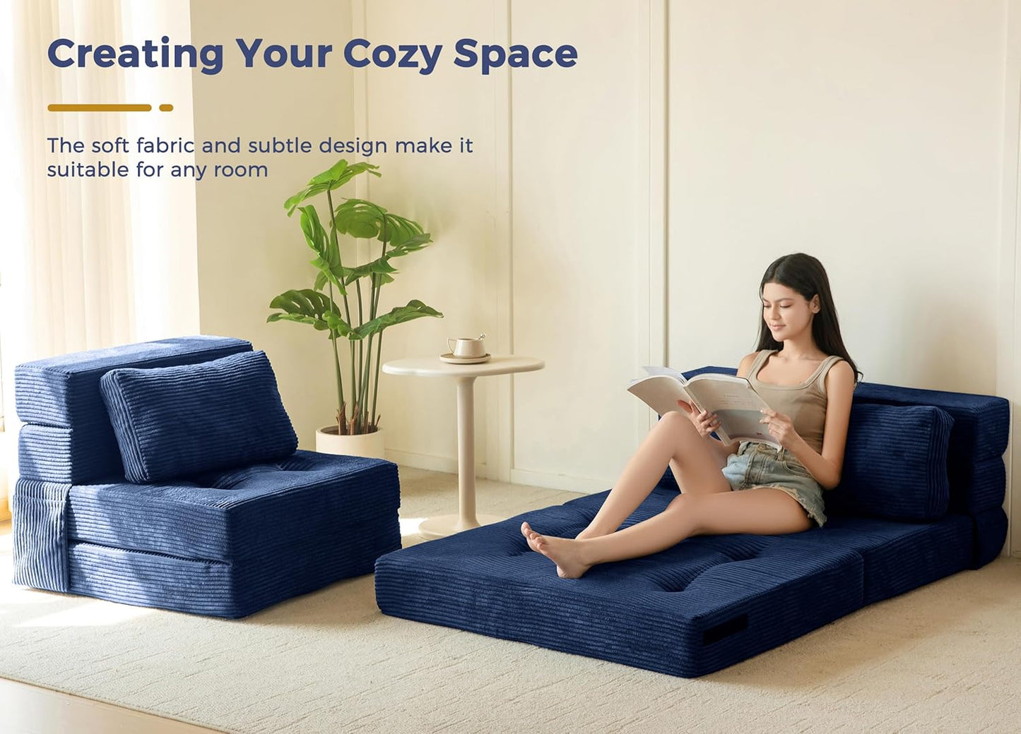 Convertible Sofa Bed, Fold Out Loveseat Sleeper Sofa with Pillow, 4 in 1 Tufted Folding Couch Bed Foam Floor Couch, Lazy Chair for Living Room Bedroom Guest Room, Navy