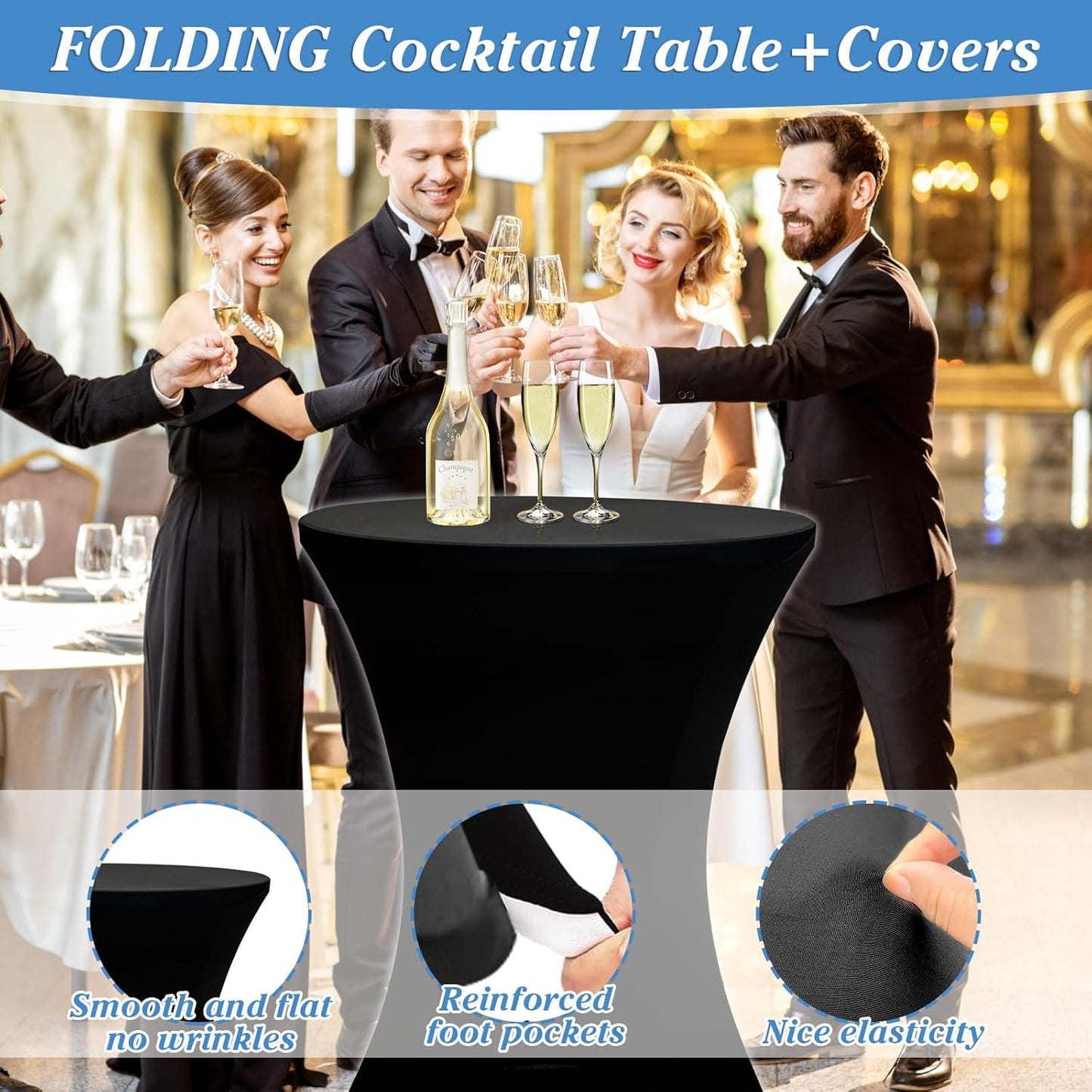 2Sets 32In Hightop Folding Cocktail Tables+Covers-Spandex Stretch Folding Tall Bar Table Covers, Detachable Legs Bar Height Folding Table Outdoor Indoor Use (Black/2 Tables+2 Covers)
