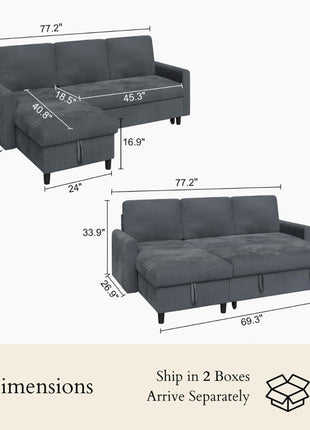 Versatile Grey Sleeper Sofa Bed with Storage Chaise - Elegant L-Shaped 3-Seat Sectional for Compact Living Spaces