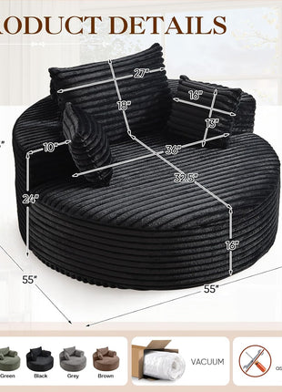 Oversized Round Chaise Lounge Chair - Modern 55-Inch Upholstered Corduroy Deep Seat Circular Sofa for Living Room and Bedroom in Black