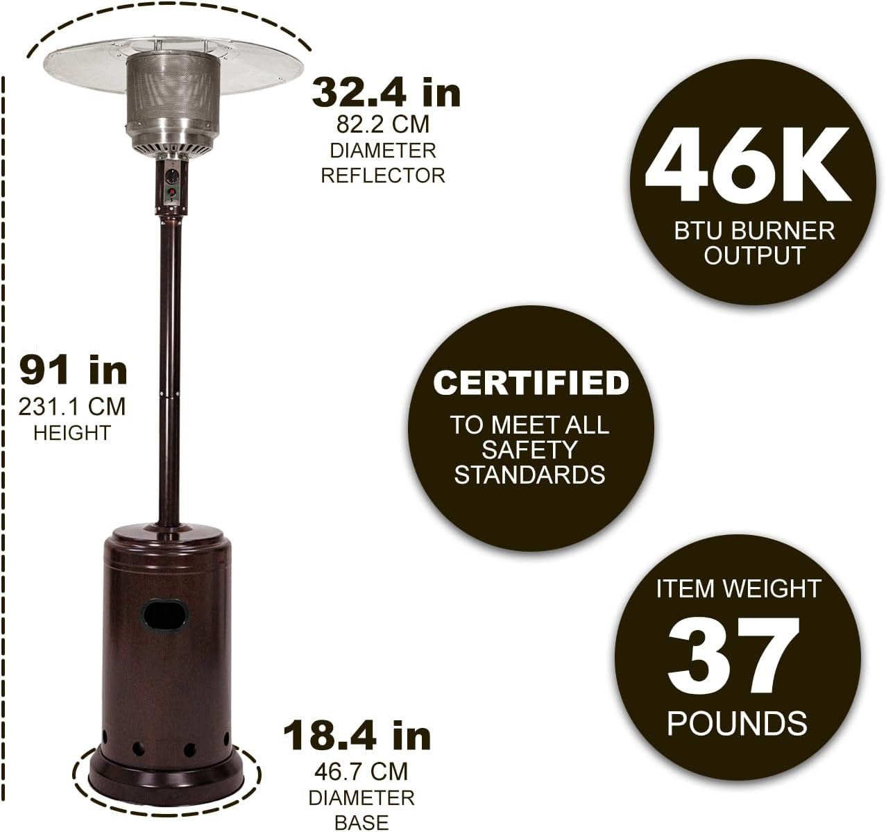 46,000 BTU Outdoor Propane Patio Heater with Wheels, Commercial & Residential, Havana Bronze, with Water Tank, 32.1 X 32.1 X 91.3 Inches (Lxwxh)