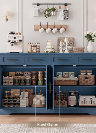 60-Inch Large Buffet Sideboard with Storage - 36-Inch Tall Kitchen Cabinet Featuring 4 Drawers, Modern Coffee Bar Design with Black Handles in Blue Finish