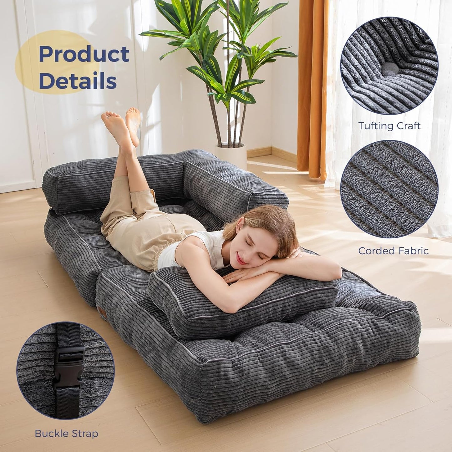 Folding Sofa Bed, L-Shaped Convertible Sofa Bed with Armrest Foldable Sleeper Sofa with Pillow, Portable Fold Out Chair Bed Comfy Floor Lounge for Living Room Bedroom, Dark Grey