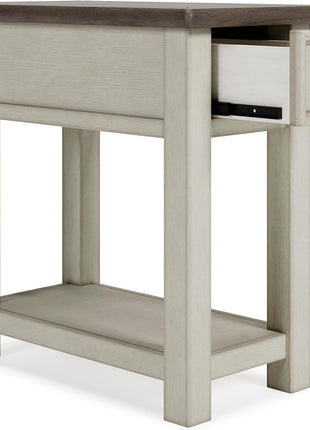 Bolanburg Chairside End Table with Charging Station by Signature Design by Ashley, Two-Tone Wood Accent Table with Drawer Storage and Plank Top in Antique White Finish for Living Room or Bedroom