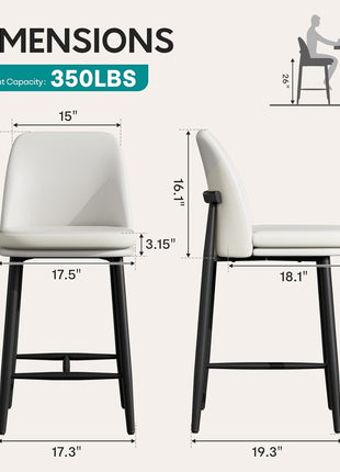 Set of 2 Modern Upholstered Counter Height Bar Stools, 26-Inch with Backrest, Textured Leather and Fabric, Metal Legs for Kitchen Island and Dining Room, White