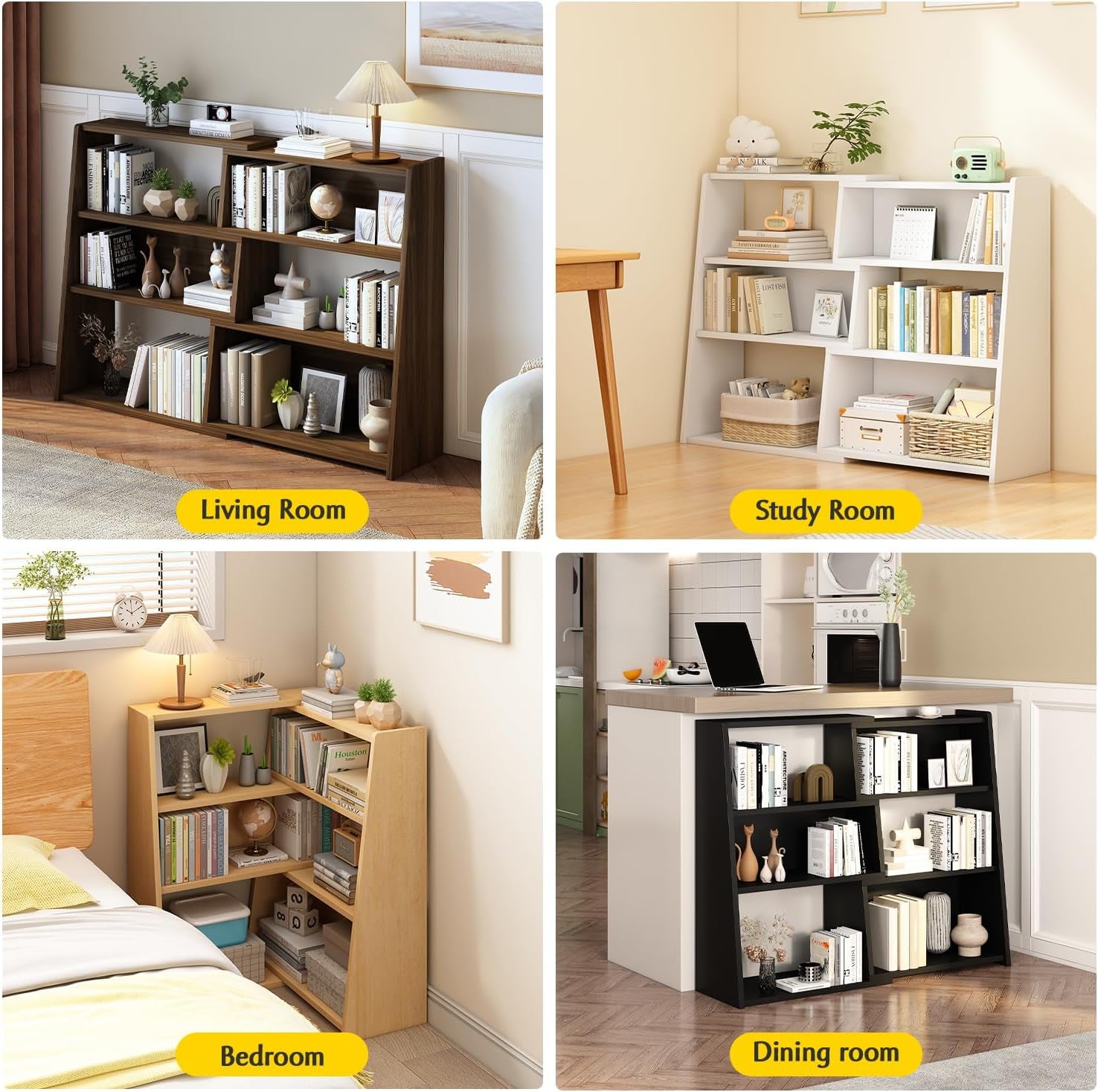 Wooden Extendable Shelf Bookcase - 3-Tier Ladder Low Short Bookshelf for Small Space or Corner, Dark Walnut, L