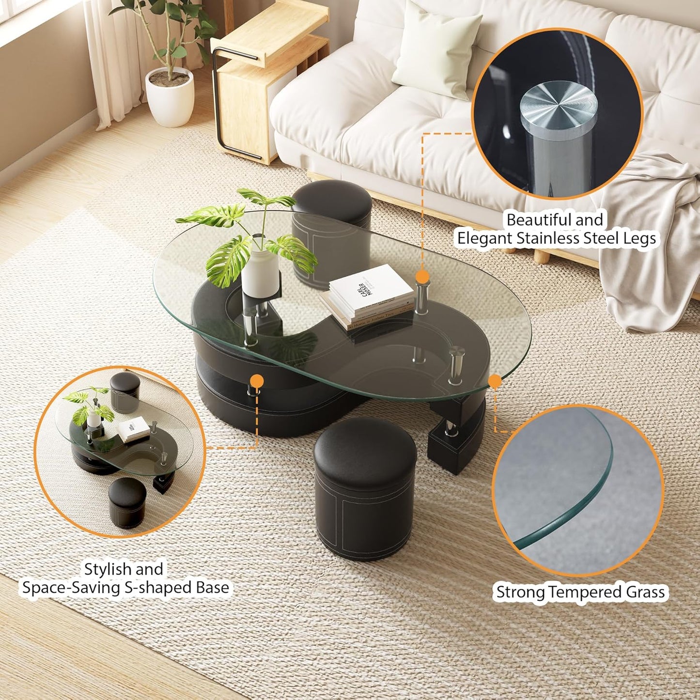 Oval Glass Coffee Table Set of 3, 0.39" Tempered Glass Top and S Shape Base, Modern Coffee Table with 2 Leather Stools, Accent Coffee Table for Living Room Bedroom, Black