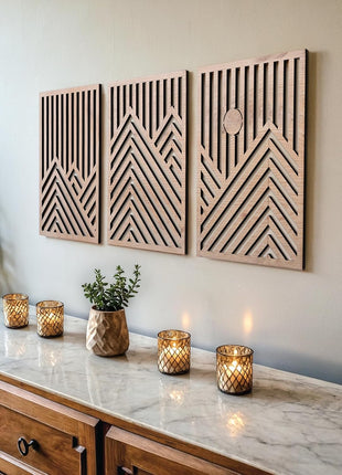 Contemporary Wooden Wall Sculptures Set of 3 - Decorative Accents for Living Room, Bedroom, and Office - Large Art Pieces with Easy Installation (Oak, Medium - Mountain and Sun)