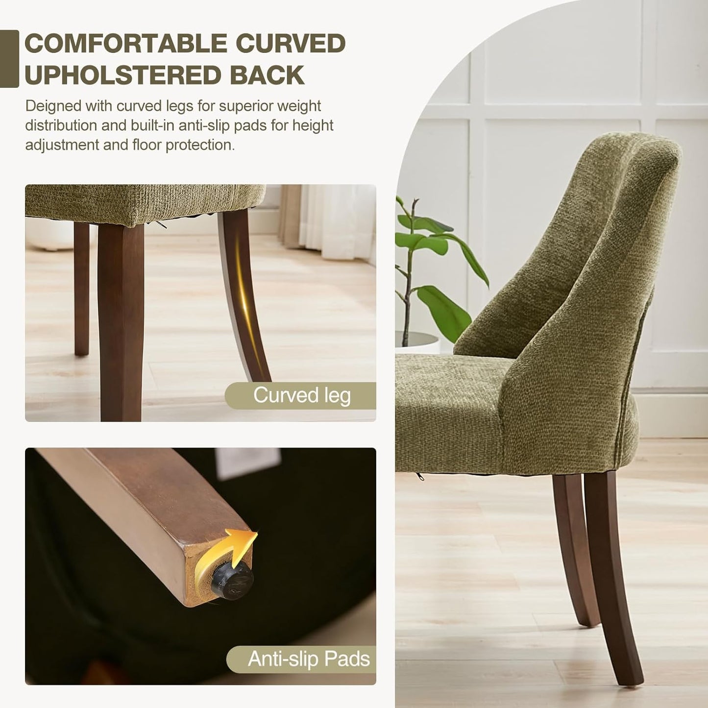 Wooden Dining Chairs Set of 2, Mid Century Modern Chenille Upholstered Dining Room Chair Kitchen Chairs, Farmhouse Dinner Chair with Solid Wood Legs for Kitchen Dining Room, Green