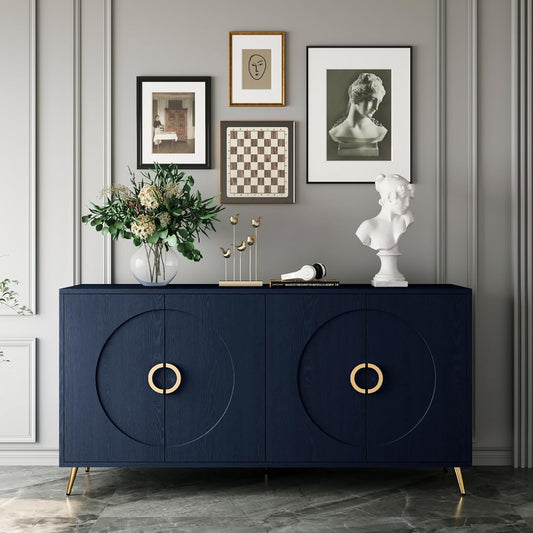 Modern Lacquered 4 Door Wooden Cabinet Sideboard Buffet Server Cabinet Storage Cabinet, for Living Room, Entryway, Hallway, Office, Kitchen and Dining Room, Navy Blue, Cabinets