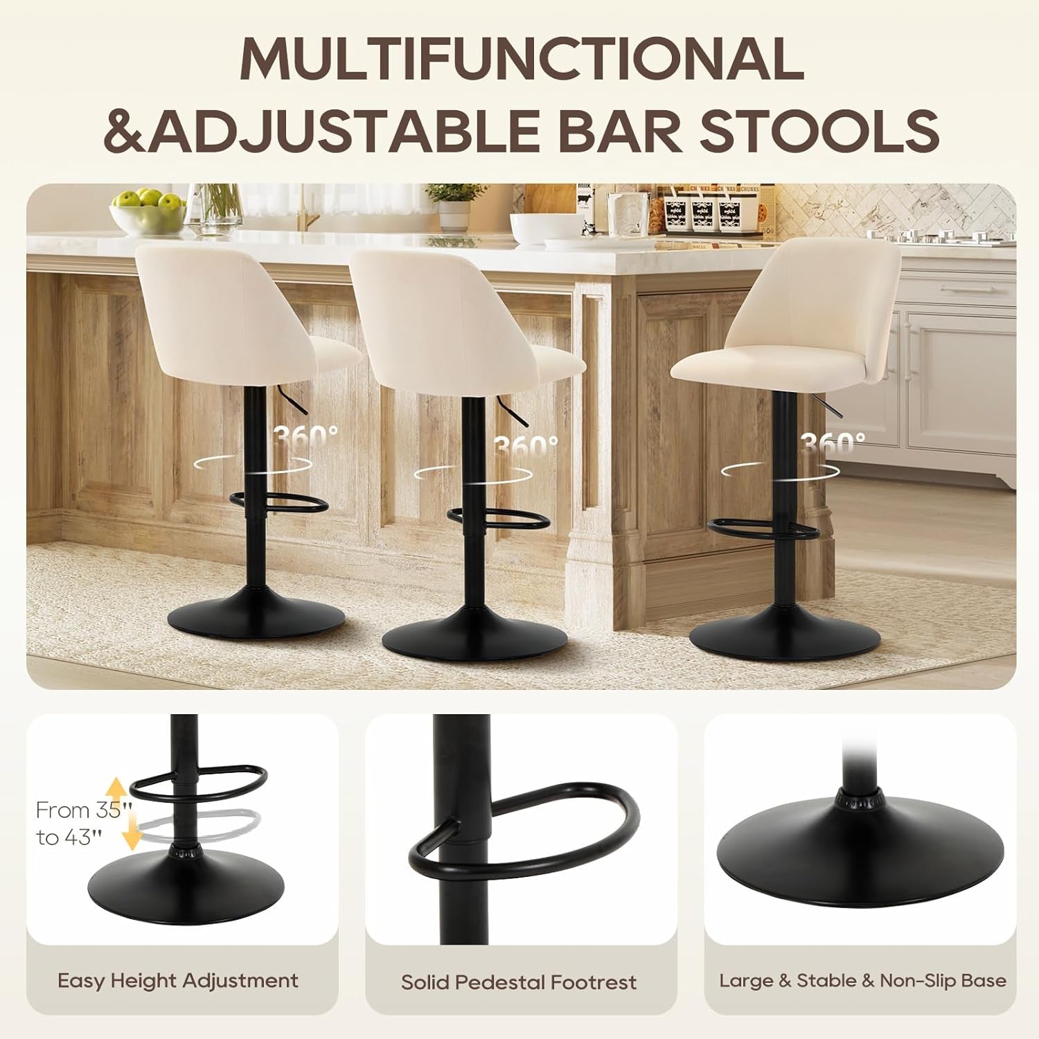 Bar Stools Set of 2, Modern Swivel Bar Chairs, Adjustable Upholstered Barstools Counter Height with Full Backrest for Bar, Dining Room, Kitchen Island, Beige