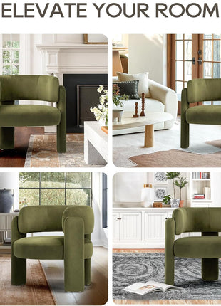 Set of 2 Contemporary Velvet Upholstered Barrel Accent Chairs, Comfortable Side Arm Chairs with Three Legs for Living Room and Bedroom, Green