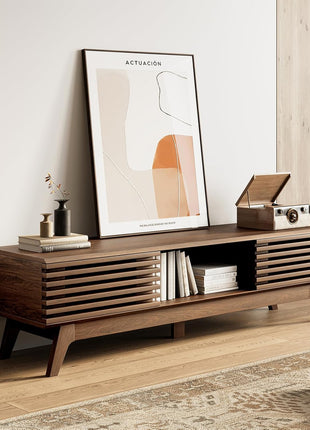 59-Inch Mid-Century Modern TV Stand for 55"-65" TVs with Sliding Doors and Storage Cabinets in Walnut Finish