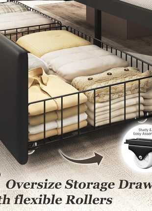 Queen Bed Frame with Upholstered Button-Tufted Headboard, Two Storage Drawers, Integrated Charging Station, Box Spring Not Required, Noise-Free Design, All-Metal Construction, Black
