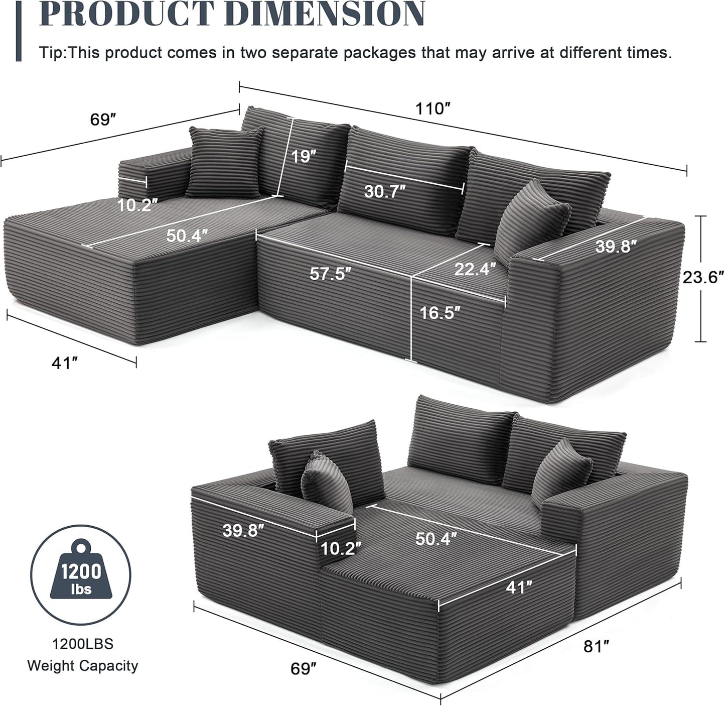 110” Cloud Sectional Couch, Boneless Sofa for Living Room, Modular Sectional Sofa with Deep Seat, Comfy Fluffy Couch with L-Shaped Chaise, No Assembly Required (Left-Facing Chaise, Dark Grey)