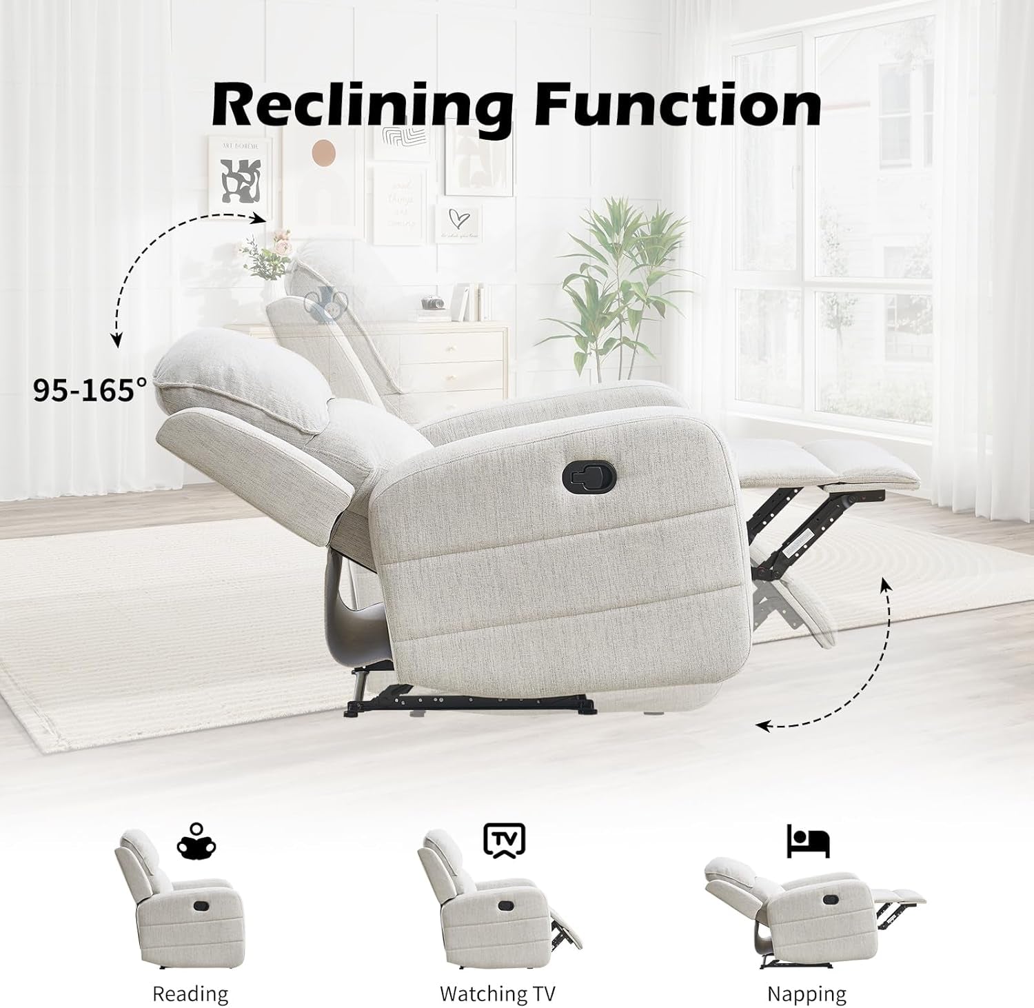 Manual Living Room Furniture Reclining Couch Set, Soft Fabric 3 Seat Sofa Recliner Sofa for Meeting Room, Overstuffed Backrest and Armrest