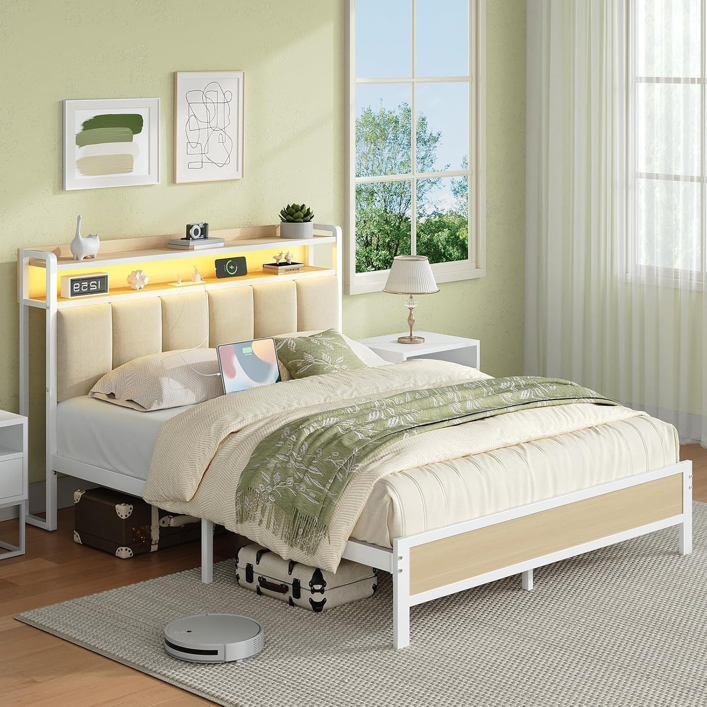 Queen Bed Frame with Charging Station and Storage Headboard, Metal Platform Bed Frame Queen Size with LED Lights, Heavy Duty Metal Slats Support, No Box Spring Needed, Easy Assembly, Beige
