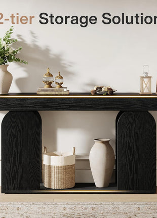 70.9-Inch Extra Long Farmhouse Console Table with Wooden Frame and Storage Shelf, 2-Tier Sofa Table for Living Room, Hallway, and Foyer in Black