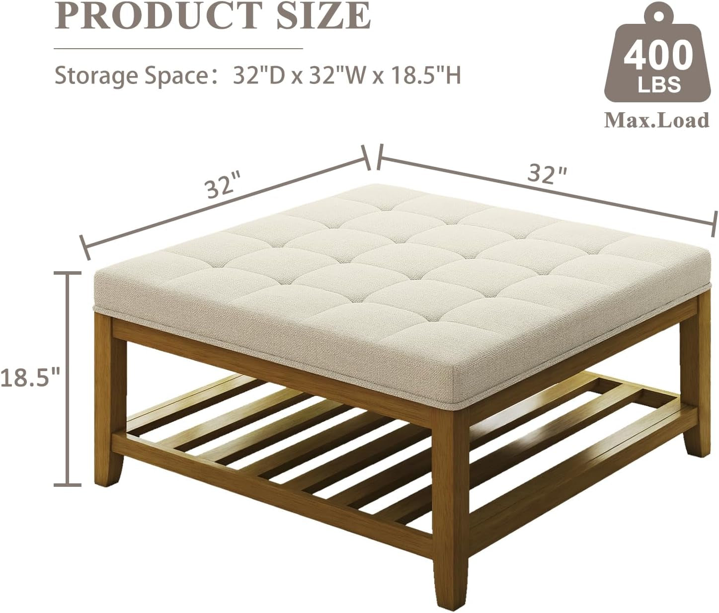 Large Square Ottoman Coffee Table, Linen Solid Upholstered Footrest Ottoman with Solid Wood Shelf Storage Tufted Coffee Table for Bedroom Living Room, Ivory