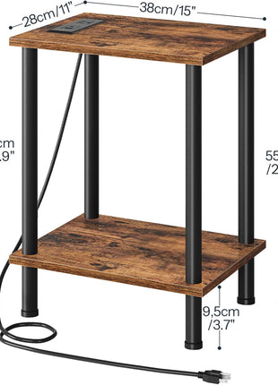 Set of 2 Rustic Brown Side Tables with Integrated Charging Station, USB Ports, and Outlets, Featuring Dual Storage Shelves for Compact Spaces