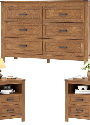 3-Piece Bedroom Furniture Set - Features 6-Drawer Dresser and Pair of Nightstands with Open Storage Shelf and Drawers, Rustic Brown Finish