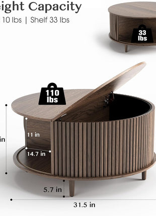 Contemporary Walnut Round Coffee Table with Storage, 31.5" Fluted Center Table for Living Room with Sliding Cabinet Door