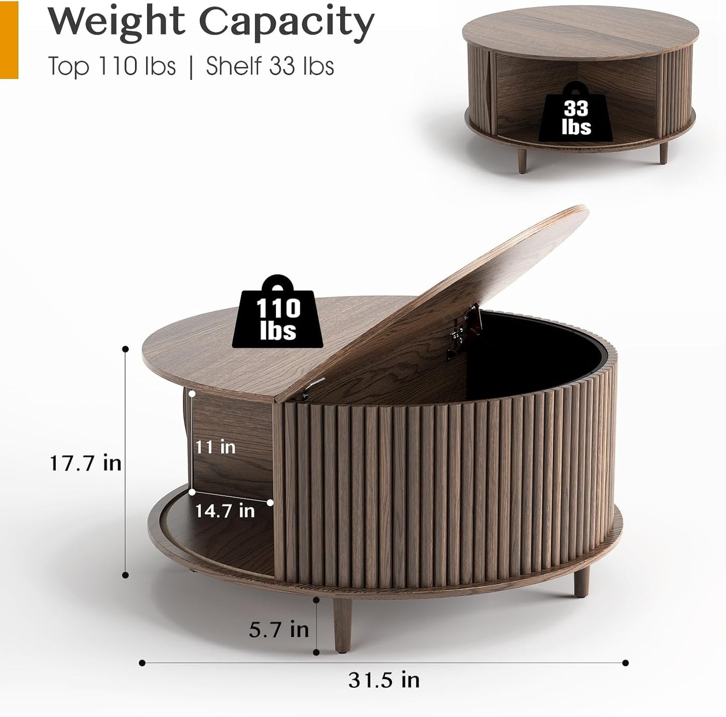 Round Coffee Table with Storage, 31.5" Fluted Center Table for Living Room, Modern Walnut Wood Circle Drum Table with Sliding Cabinet Door, Mid Century Furniture for Small Space