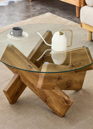 Round Glass Top Coffee Table for Living Room, 33.4-Inch Rustic Farmhouse Center Table with Mid-Century Wooden Crossed Legs