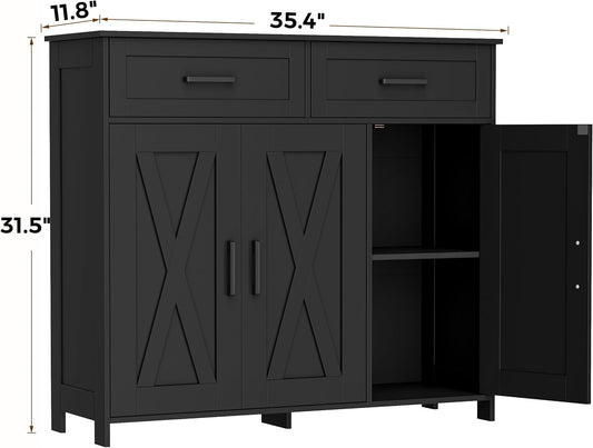 Sideboard Buffet Cabinet, Coffee Bar Storage Cabinet with Drawers and Doors, Farmhouse Kitchen Cabinet with Adjustable Shelves, for Kitchen, Dining Room, Living Room, Black