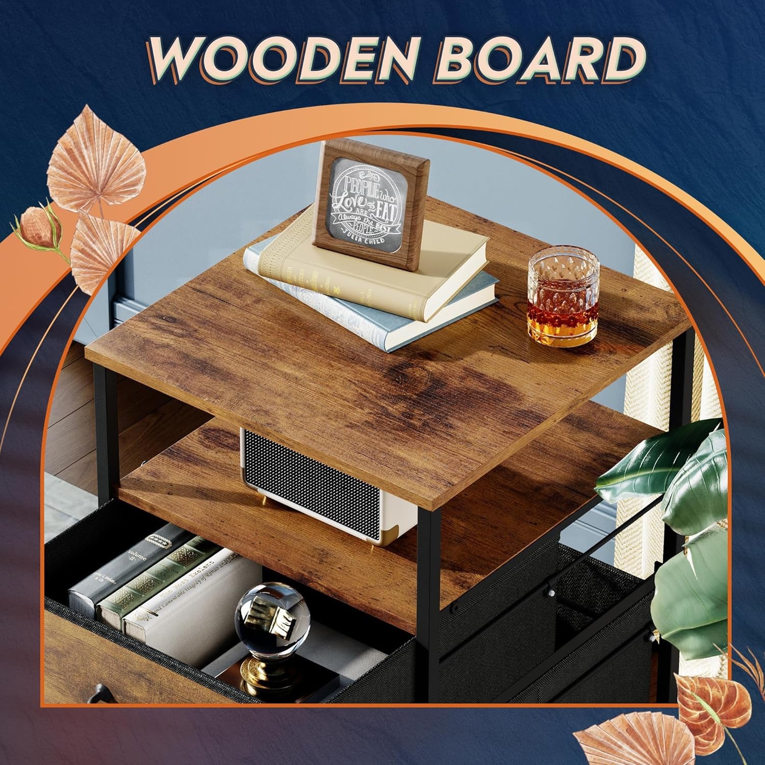 2 Drawer Mobile File Cabinet, Rolling Printer Stand with Open Storage Shelf, Fabric Vertical Filing Cabinet Fits A4 or Letter Size for Home Office, Rustic Brown Wood Grain Print