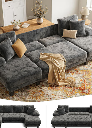 Premium Chenille U-Shaped Sleeper Sofa Bed - 112" Dark Grey for Living Room Comfort