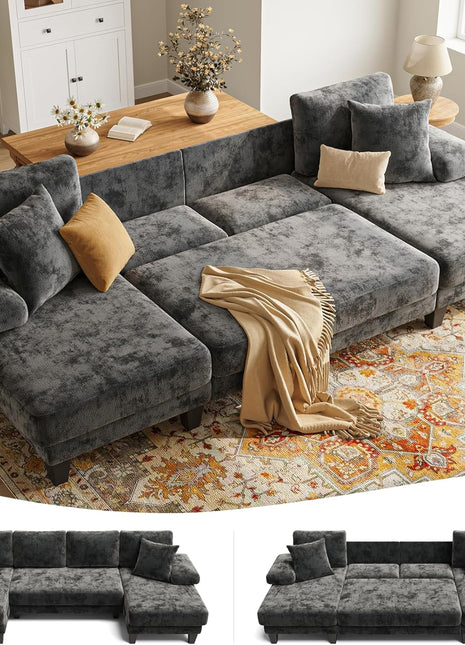 Premium Chenille U-Shaped Sleeper Sofa Bed - 112" Dark Grey for Living Room Comfort