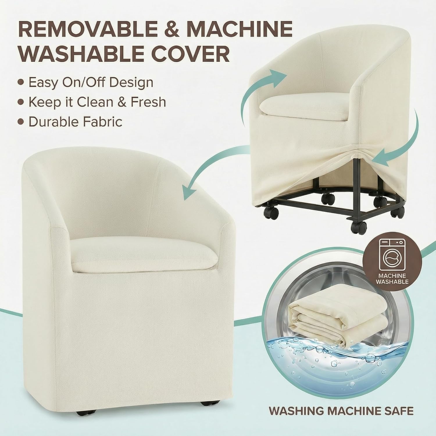 Upholstered Dining Chairs with Casters, Washable Cover Modern Dining Room Chairs with Barrel Backrest & Dual Armrest for Kitchen, Living Room, Bedroom, Linen Fabric, 4PCS