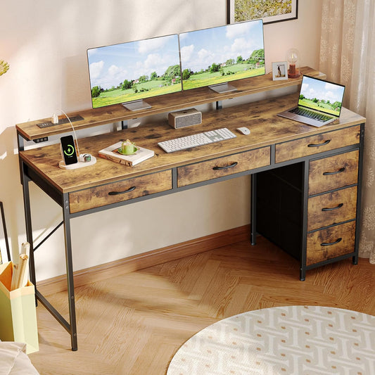 Gaming Desk with 6 Drawers, Computer Desk with LED Lights Power Outlets and Type-C, 55 Inch Office Desk with Storage, Monitor Stand, Writing Desk Work Desk for Home Office, Study, Rustic Brown