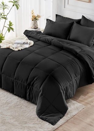 Queen Size 7-Piece Ultra-Soft Comforter Set, Oeko-Tex Certified Bedding Ensemble with Down Alternative Comforter, Sheets, Pillowcases, and Shams in Black