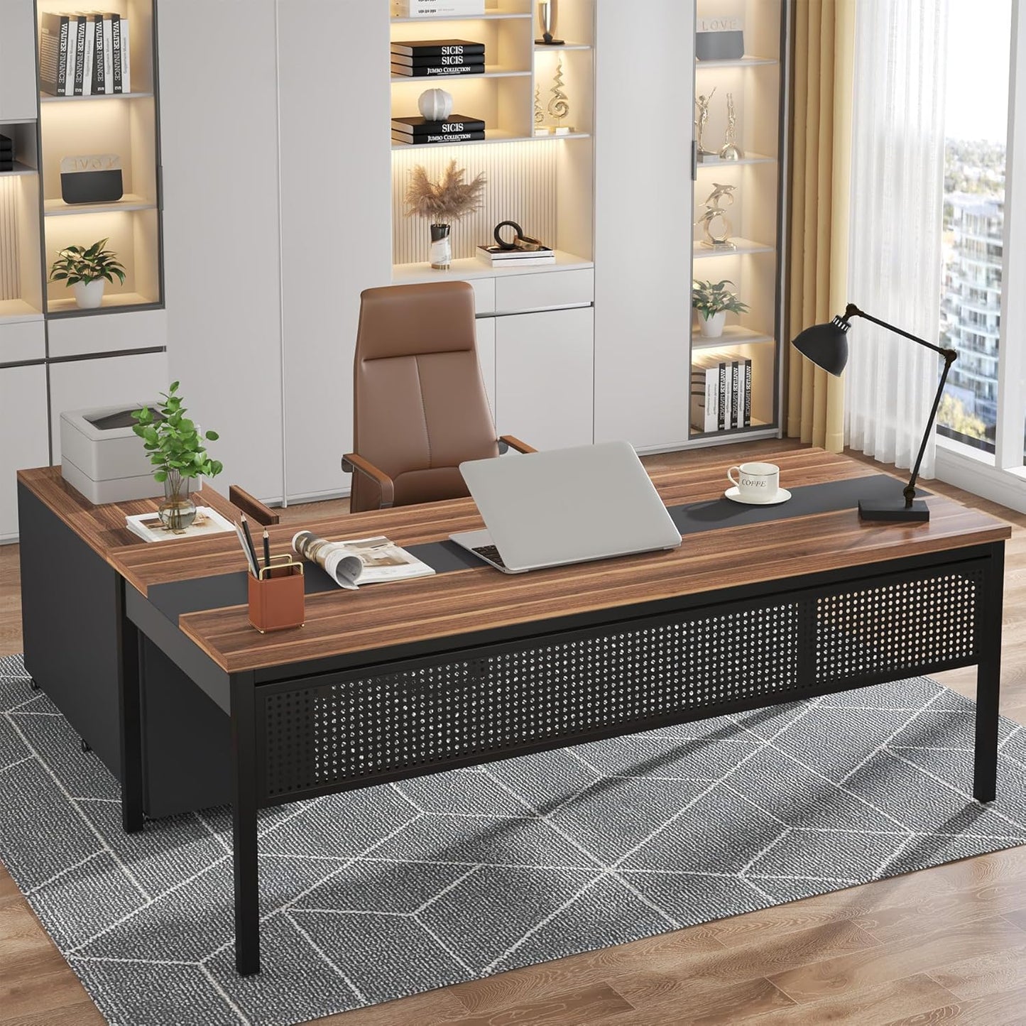 71 Inch Executive Desk, L Shaped Desk with Mobile File Cabinet, Executive Office Table with 2 Drawers and Storage Shelves, Business Furniture Workstation for Home Office, Walnut and Black