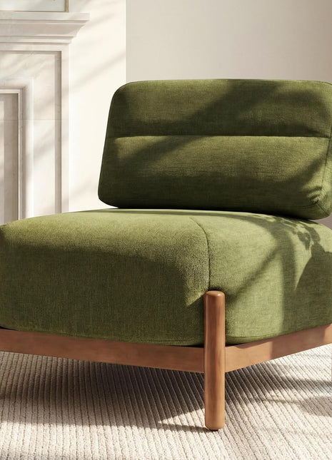 Mid-Century Modern Upholstered Armless Lounge Chair with Wooden Frame and Plush Moss Green Seat for Living Room and Bedroom
