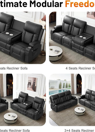 4-Seater Dual Reclining Sofa with Flip-Back Console, Modern PU Leather Couch for Living Room/RV, Featuring Storage Drawer, USB Ports, Cup Holder, and Cell Phone Holder in Black